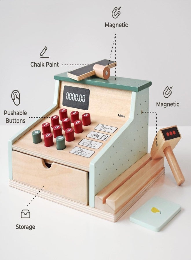PairPear Wooden Toy Cash Register,Kids Pretend Play Money Counting Toys with Scanner and Credit Card,Toddler Cashier Toy Grocery Play Food Accessory for Pre-School Gift Boys Girls 3+ - Image 5